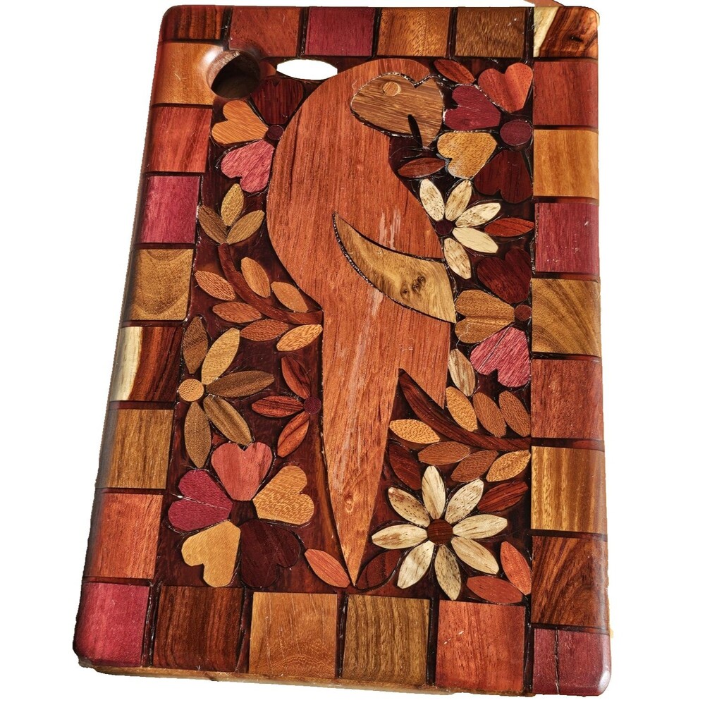 Vintage Wood Inlay Cutting/Charcuterie Board, Set Of 2, Parrot & Palm Trees,